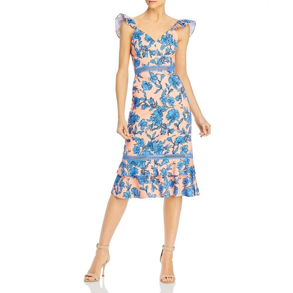 NWT Alice + Olivia Jade Ruffled Floral Midi Dress Long : L | US 10 #7996